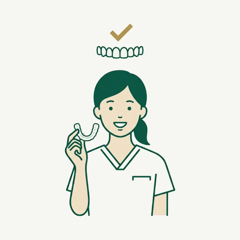マウスピース矯正装置を手にした笑顔の女性のイラスト