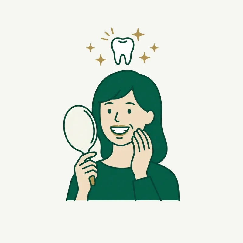 鏡を見ながら白くなった歯を確かめる女性のイラスト